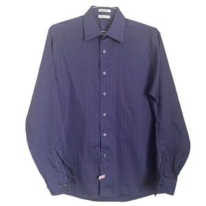 Kenneth Cole dress shirt SlimFit blue brown stripes long sleeve 15-1/2 34/35